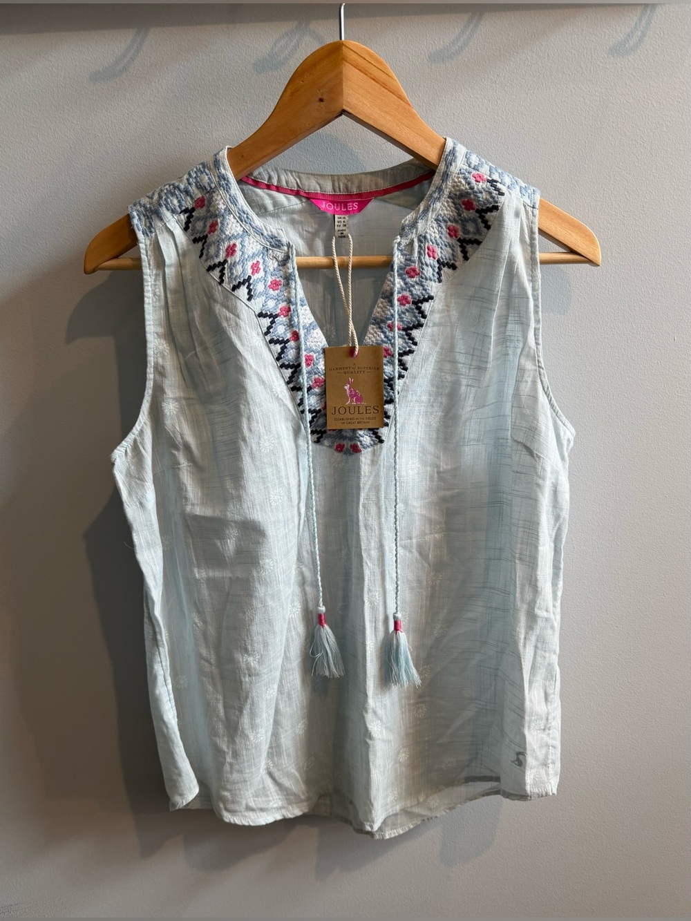 Joules Pale Blue Embroidered Sleeveless Cotton Camisole - Picture 1 of 13
